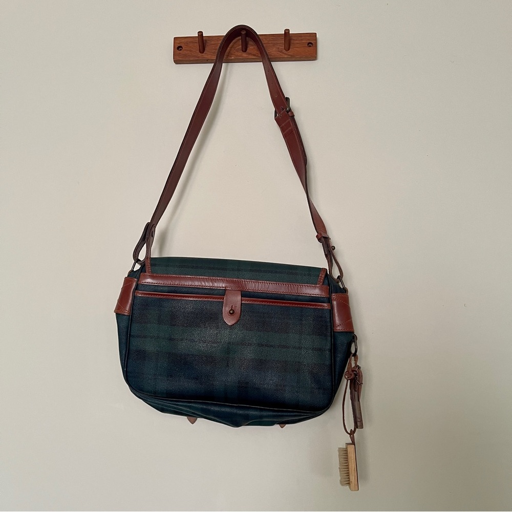 Vintage Polo Ralph Lauren Green tartan plaid leather messenger crossbody bag - Picture 2 of 12
